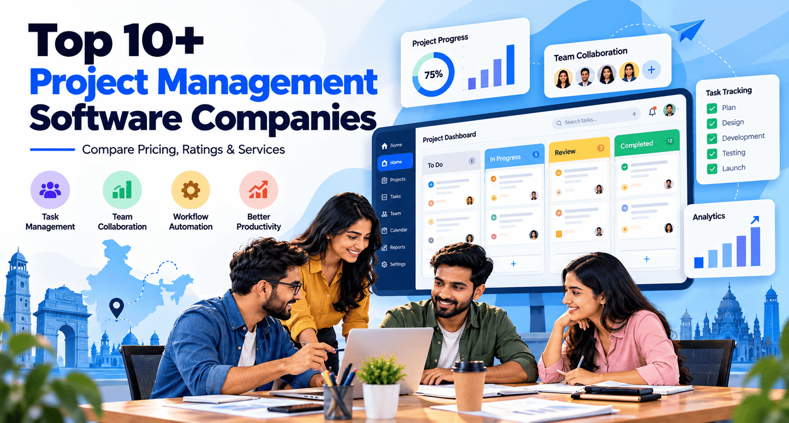 Top 10+ project management software companies in India featuring task management, team collaboration, workflow automation, project tracking, and analytics dashboards.