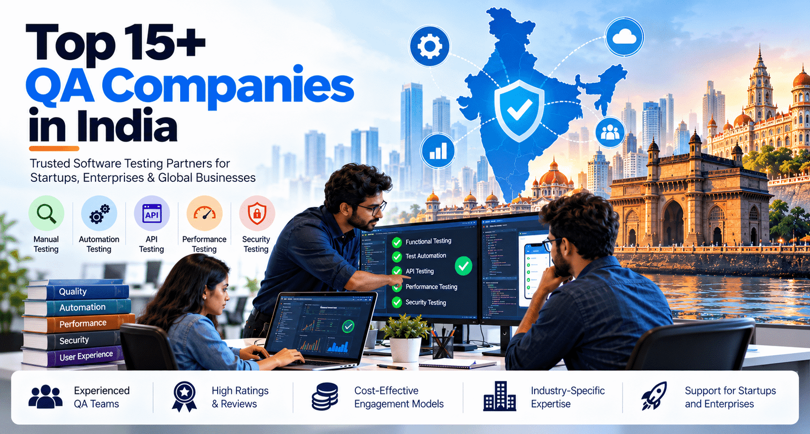 Top 15+ QA Companies in India offering manual testing, test automation, API testing, performance testing, and security testing services for startups and enterprises.