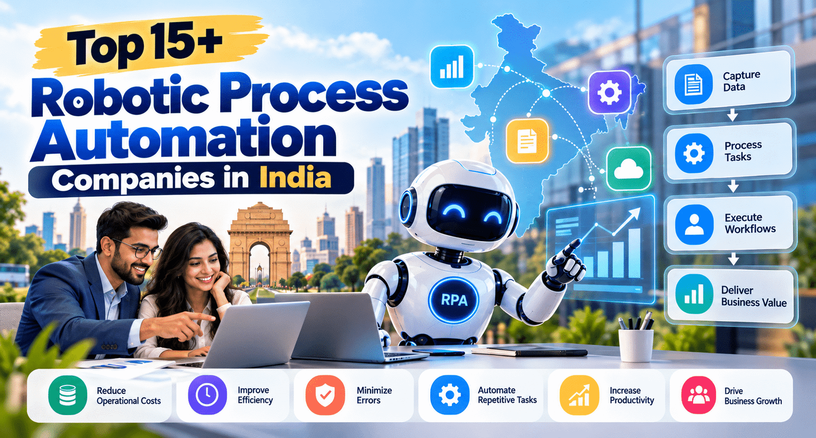 Top 15+ Robotic Process Automation Companies in India featuring RPA technology, AI-powered workflow automation, business professionals, and process efficiency solutions.