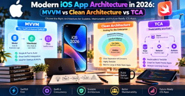 Modern iOS app architecture in 2026 comparing MVVM, Clean Architecture, and TCA with SwiftUI, Swift 6 concurrency, scalability, testability, and maintainable app design.