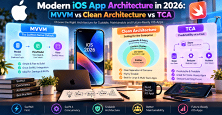 Modern iOS app architecture in 2026 comparing MVVM, Clean Architecture, and TCA with SwiftUI, Swift 6 concurrency, scalability, testability, and maintainable app design.