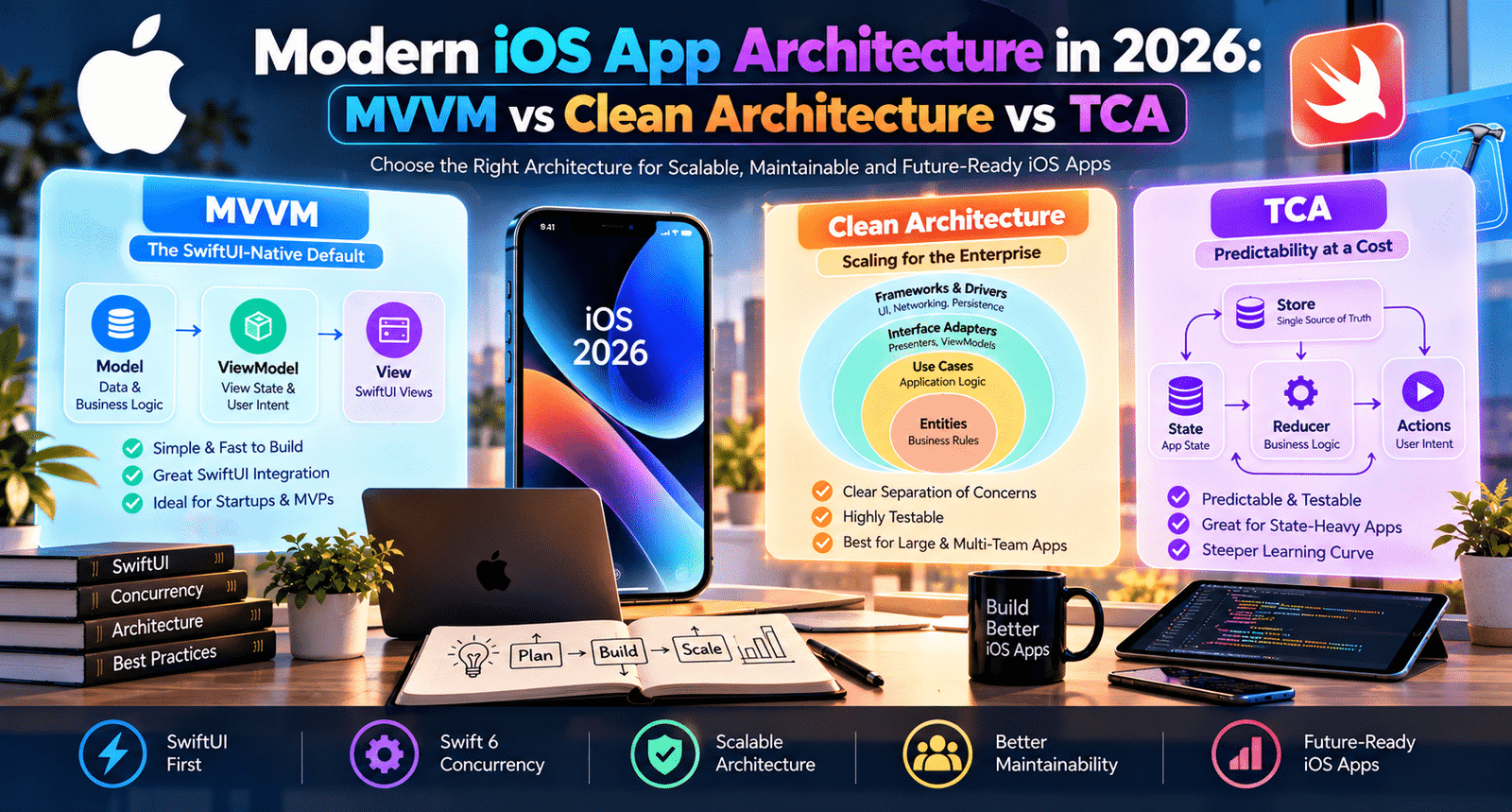 Modern iOS app architecture in 2026 comparing MVVM, Clean Architecture, and TCA with SwiftUI, Swift 6 concurrency, scalability, testability, and maintainable app design.