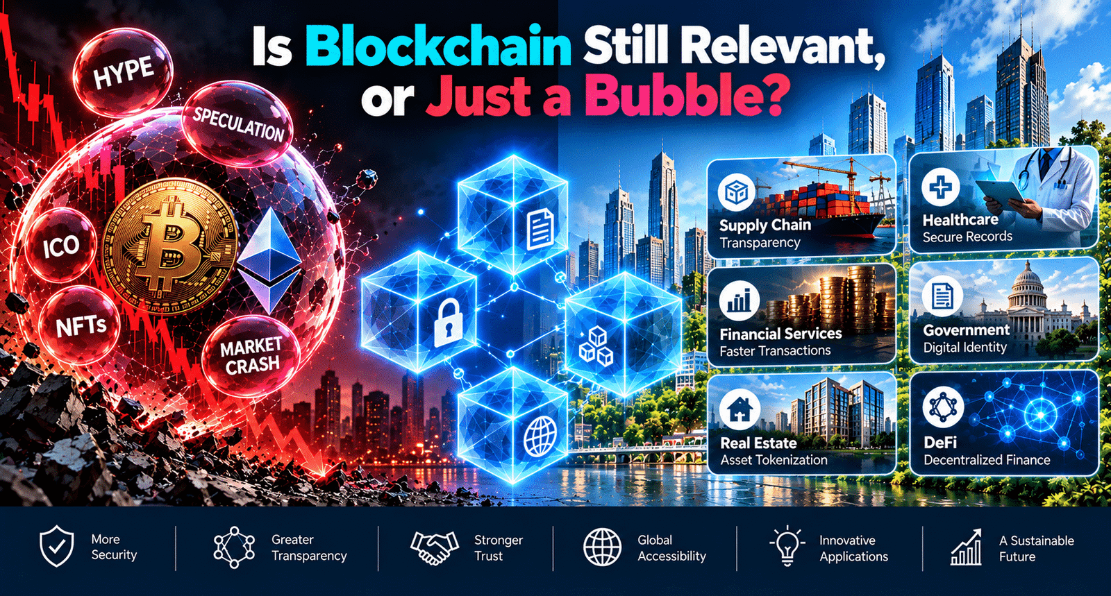 Is blockchain still relevant or just a bubble? Blockchain technology illustrated through crypto hype, real-world use cases, financial services, healthcare, supply chain, government, real estate, and DeFi.