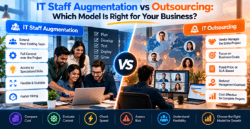 IT staff augmentation vs outsourcing comparison showing team control, specialized skills, flexibility, vendor-managed delivery, fixed pricing, management effort, cost, speed, risk, and scalability.