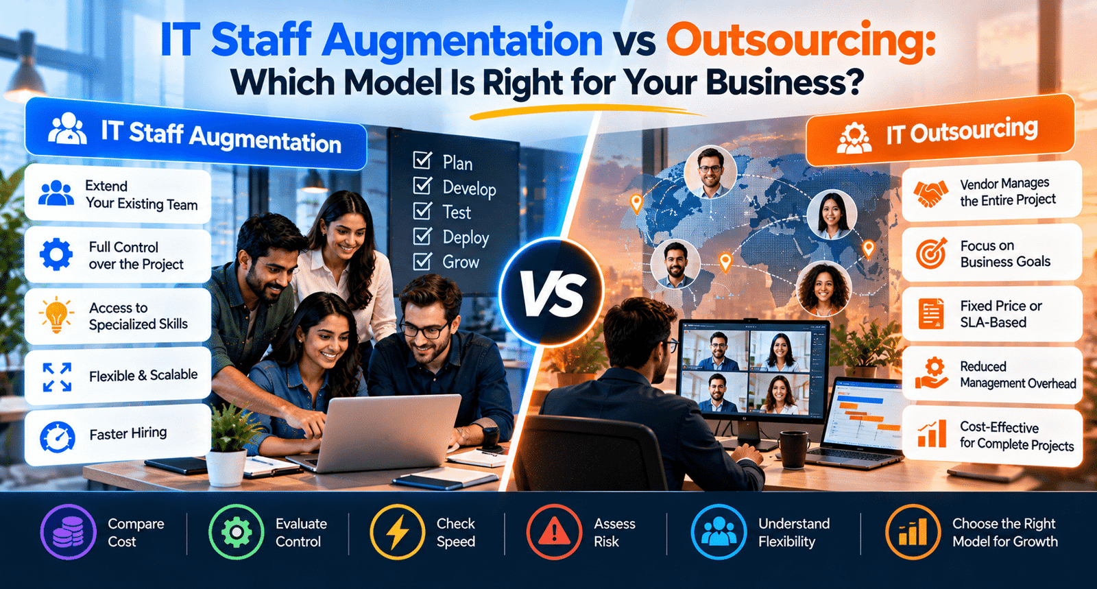 IT staff augmentation vs outsourcing comparison showing team control, specialized skills, flexibility, vendor-managed delivery, fixed pricing, management effort, cost, speed, risk, and scalability.