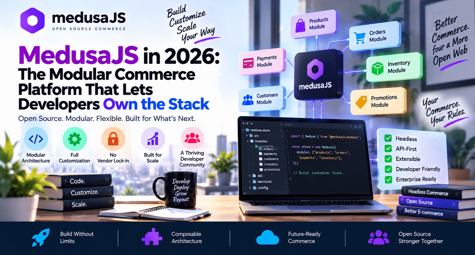 MedusaJS in 2026: modular open-source commerce platform with headless, API-first, customizable, and scalable architecture.