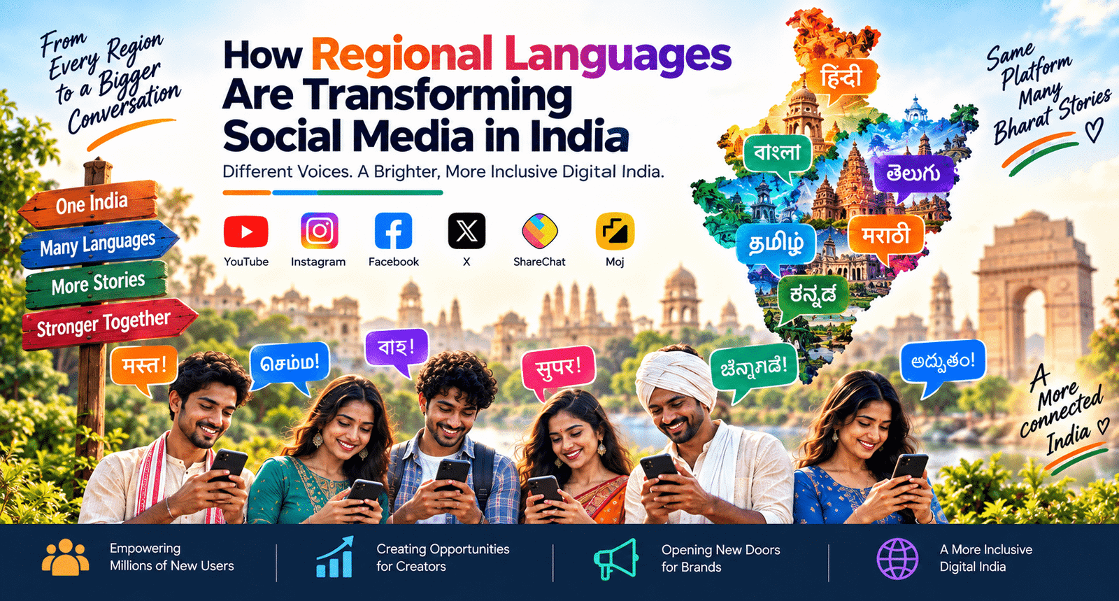 How regional languages are transforming social media in India with multilingual content, creators, social platforms, and a connected digital audience.