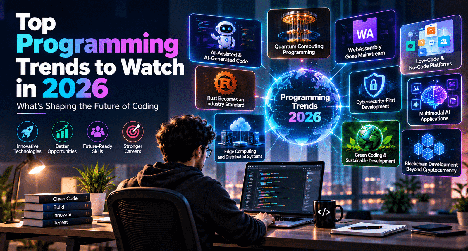 Top programming trends to watch in 2026 featuring AI-assisted coding, quantum computing, WebAssembly, low-code platforms, Rust, edge computing, cybersecurity, multimodal AI, green coding, and blockchain development.